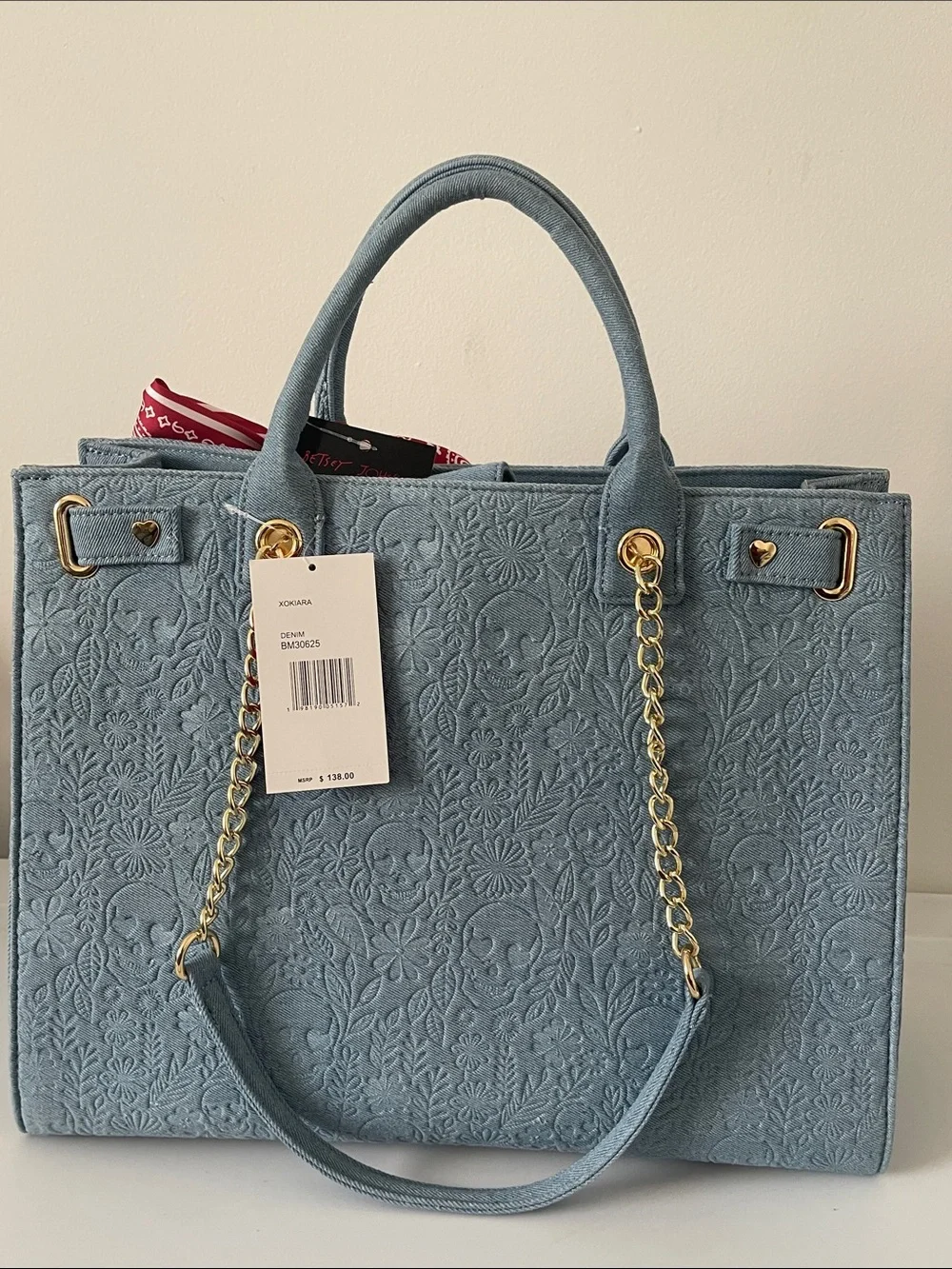 Betsey Johnson Light Blue denim skull Embossed Tote with Red Bandana Bow
